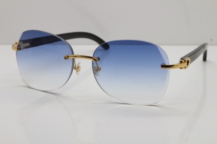 2018 New Cartier Rimless 3524012 Original Black Buffalo Horn Sunglasses in Gold Blue Lens