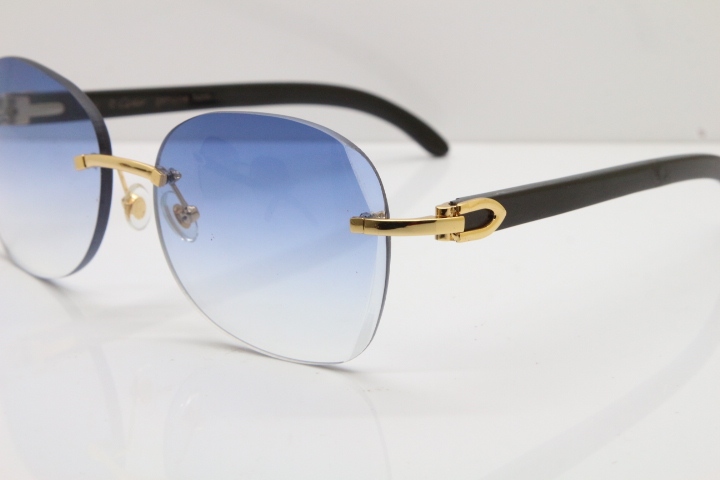 2018 New Cartier Rimless 3524012 Original Black Buffalo Horn Sunglasses in Gold Blue Lens