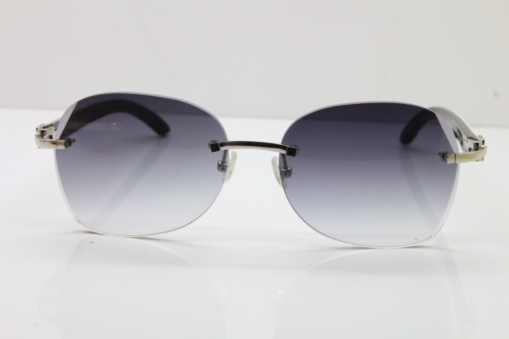 2018 New Cartier Rimless 3524012 Original Black Mix White Buffalo Horn Sunglasses in Gold Blue Lens