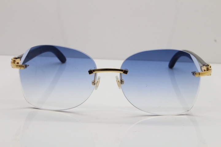 2018 New Cartier Rimless 3524012 Original Black Buffalo Horn Sunglasses in Gold Blue Lens