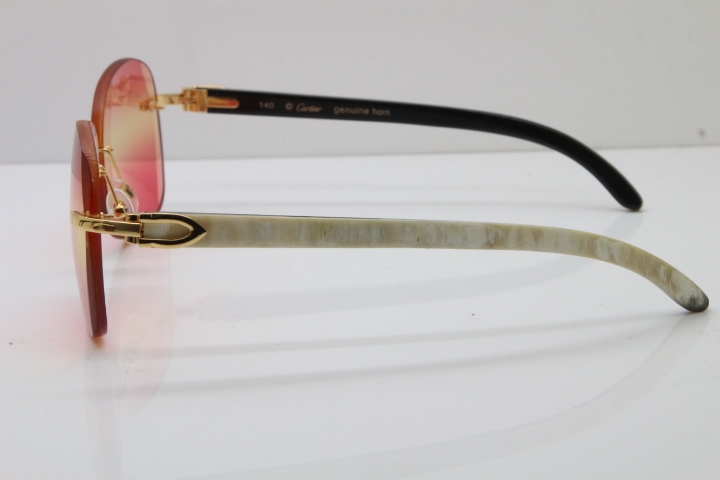 2018 New Cartier Rimless 3524012 Original Black Mix White Buffalo Horn Sunglasses in Gold Blue Lens