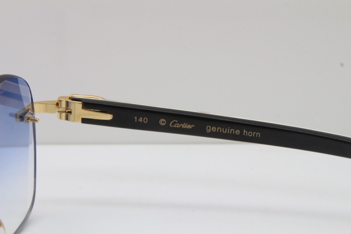 2018 New Cartier Rimless 3524012 Original Black Mix White Buffalo Horn Sunglasses in Gold Blue Lens