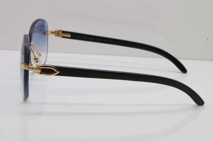 2018 New Cartier Rimless 3524012 Original Black Buffalo Horn Sunglasses in Gold Blue Lens