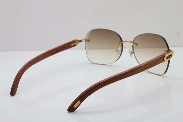 2018 New Cartier Rimless 3524012 Original Wood Sunglasses in Gold Brown Lens