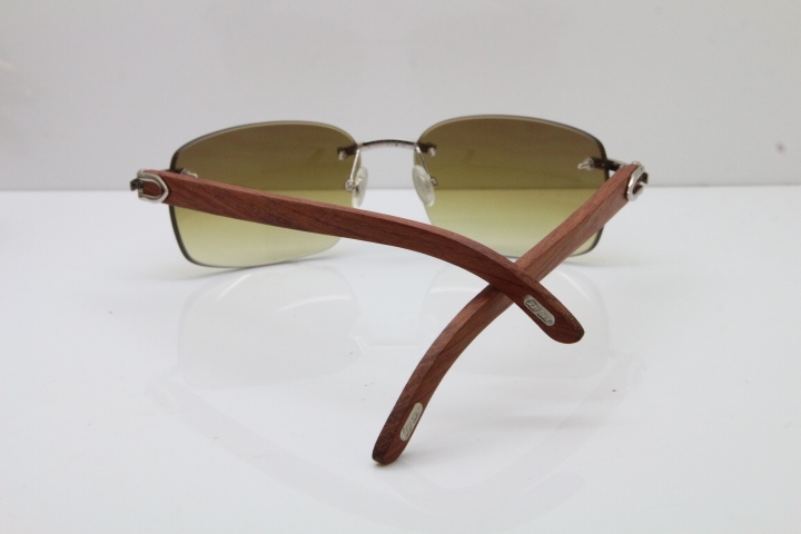 Cartier Rimless 8200497 Original Carved Wood Trimming Lens Sunglasses in Gold Brown Lens 2018 New