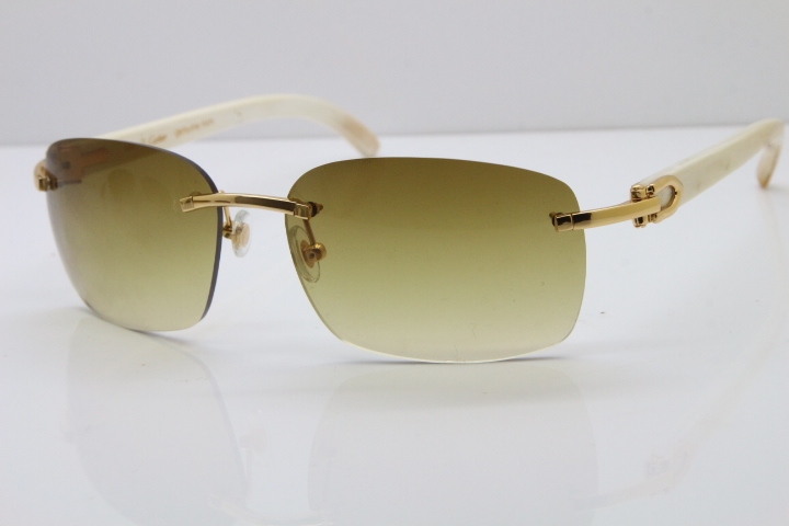 2018 New Cartier Rimless 8200497 Original White Genuine Natural Buffalo Horn Sunglasses in Gold Brown Lens Limited edition