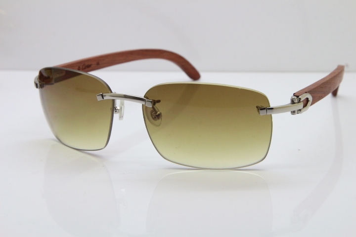 Cartier Rimless 8200497 Original Carved Wood Trimming Lens Sunglasses in Gold Brown Lens 2018 New