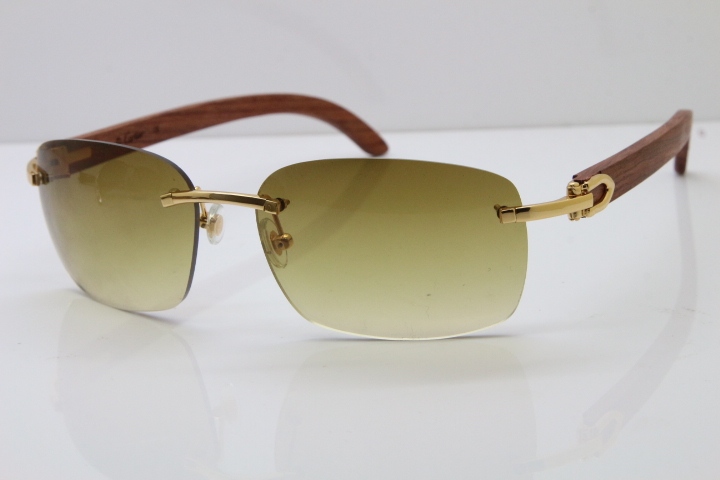 Cartier Rimless 8200497 Original Carved Wood Trimming Lens Sunglasses in Gold Brown Lens 2018 New