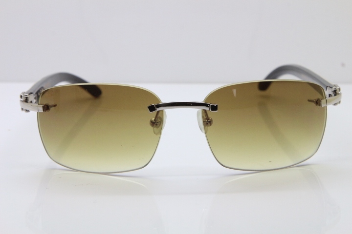 2018 New Cartier Rimless T8200497 Original White Inside Black Buffalo Horn Buffalo Horn Sunglasses in Gold Brown Lens Limited edition