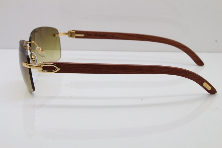 Cartier Rimless 8200497 Original Carved Wood Trimming Lens Sunglasses in Gold Brown Lens 2018 New