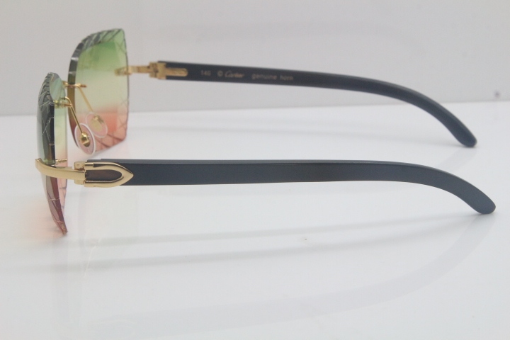 Cartier Rimless 3524012-A Black Buffalo Horn Sunglasses Gold GreenTrimming Lens Limited edition