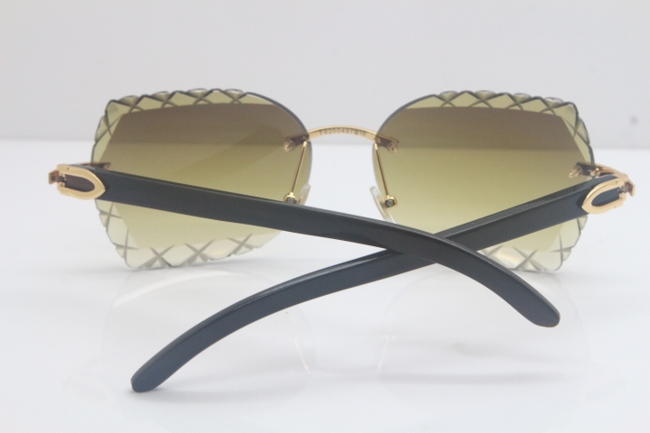 New Cartier Rimless 3524012-A Black Buffalo Horn Sunglasses Gold Brown Trimming Lens Limited edition