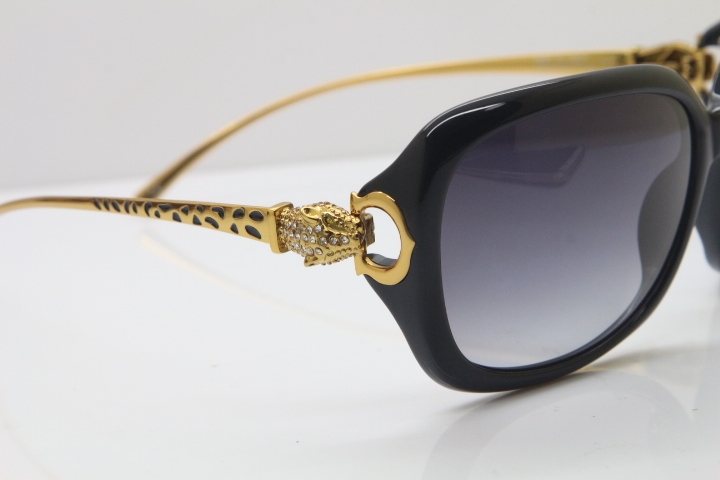 Cartier Leopard 1304 Diamond Sunglasses In Black Mix Gold Gray Lens