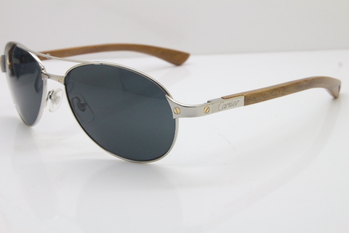 Cartier Santos DE Beige Bubinga Wood 4480317 Original Sunglasses In Silver Dark Lens