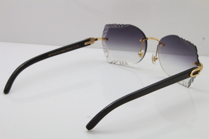 Cartier Rimless Carved Lens Original Black Buffalo Horn 8200762A Sunglasses in Silver Gray Lens New