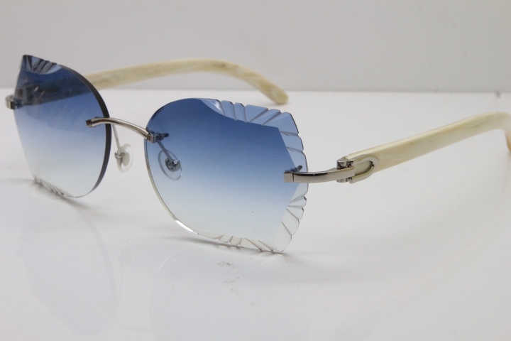 Cartier Rimless Carved Lens Original White Genuine Natural 8200762A Sunglasses in Silver Blue Lens New