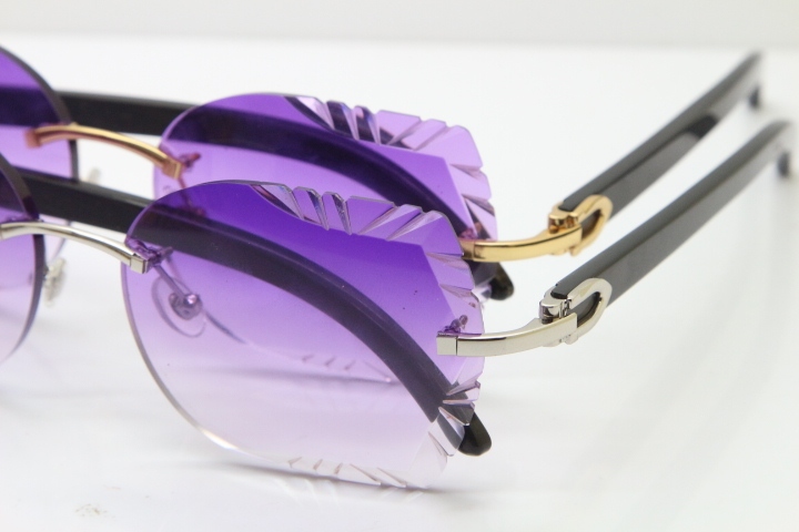 Cartier Rimless Carved Lens Original Black Buffalo Horn 8200762A Sunglasses in Gold Purple Lens New