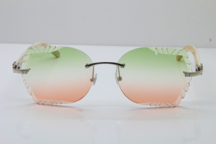 Cartier Rimless Carved Lens Original White Genuine Natural 8200762A Sunglasses in Silver Green Mix Brown Lens New