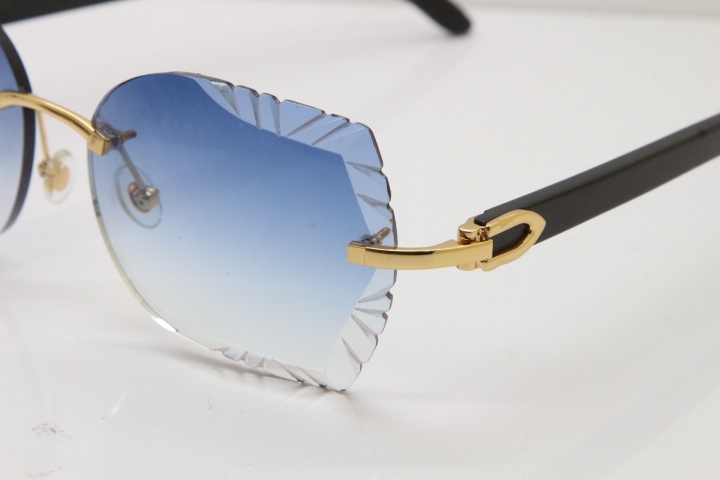 Cartier Rimless Carved Lens Original Black Buffalo Horn 8200762A Sunglasses in Gold Blue Lens New