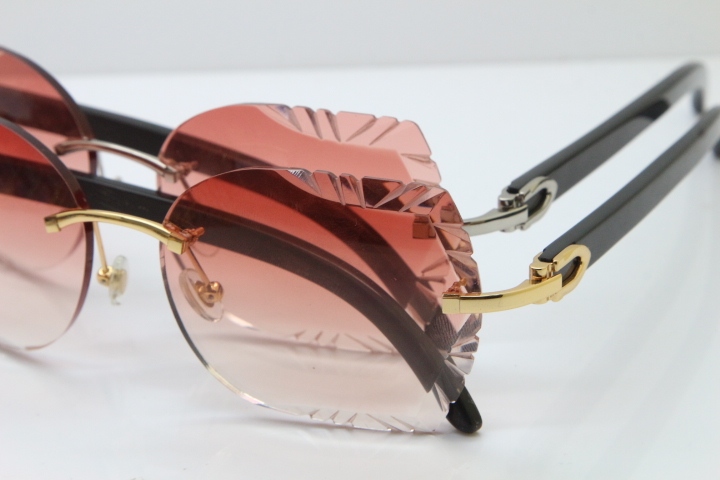 Cartier Rimless Carved Lens Original Black Buffalo Horn 8200762A Sunglasses in Gold Pink Lens New