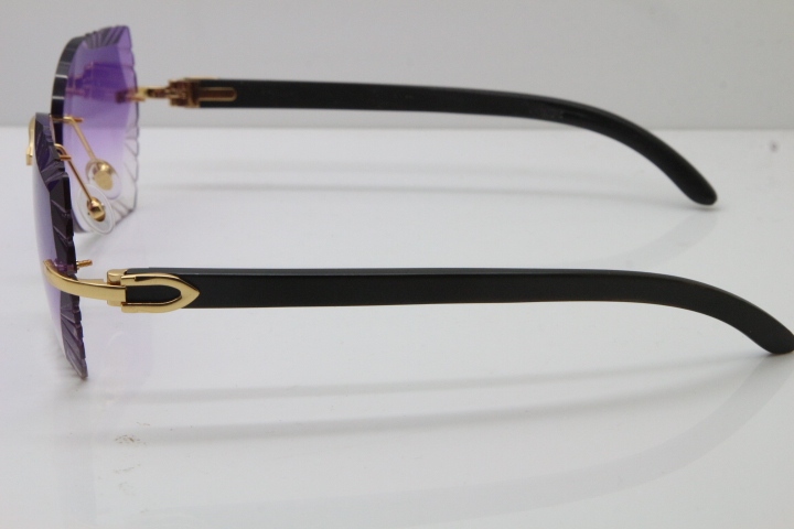 Cartier Rimless Carved Lens Original Black Buffalo Horn 8200762A Sunglasses in Gold Purple Lens New