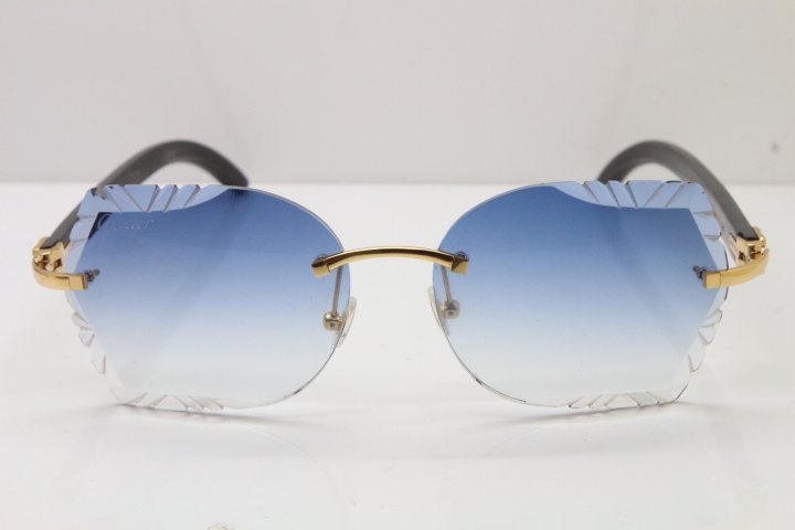 Cartier Rimless Carved Lens Original Black Buffalo Horn 8200762A Sunglasses in Gold Blue Lens New