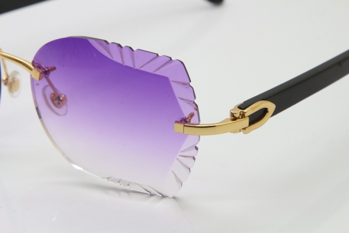 Cartier Rimless Carved Lens Original Black Buffalo Horn 8200762A Sunglasses in Gold Purple Lens New