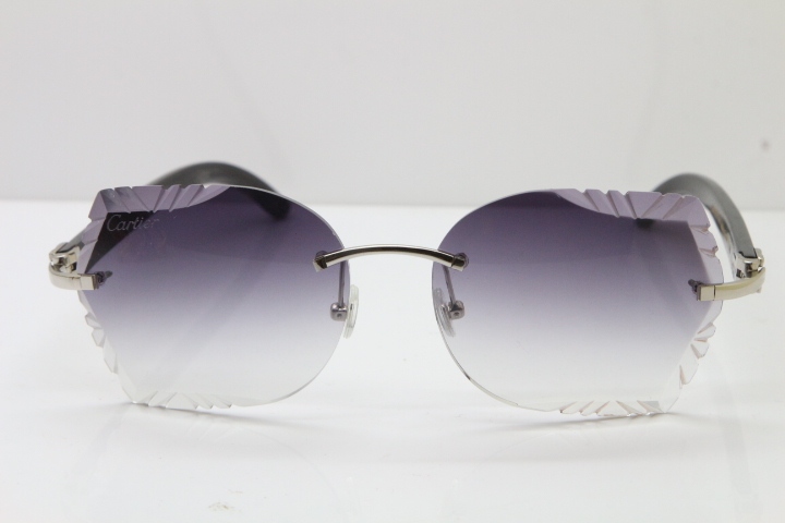 Cartier Rimless Carved Lens Original Black Buffalo Horn 8200762A Sunglasses in Silver Gray Lens New