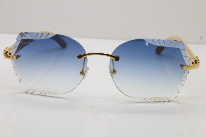 Cartier Rimless Carved Lens Original White Genuine Natural 8200762A Sunglasses in Silver Blue Lens New