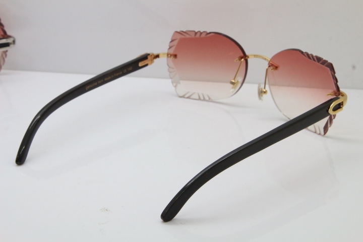 Cartier Rimless Carved Lens Original Black Buffalo Horn 8200762A Sunglasses in Gold Pink Lens New