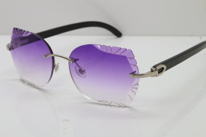 Cartier Rimless Carved Lens Original Black Buffalo Horn 8200762A Sunglasses in Gold Purple Lens New