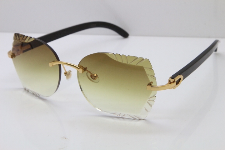 Cartier Rimless Carved Lens Original Black Buffalo Horn 8200762A Sunglasses in Gold Brown Lens New