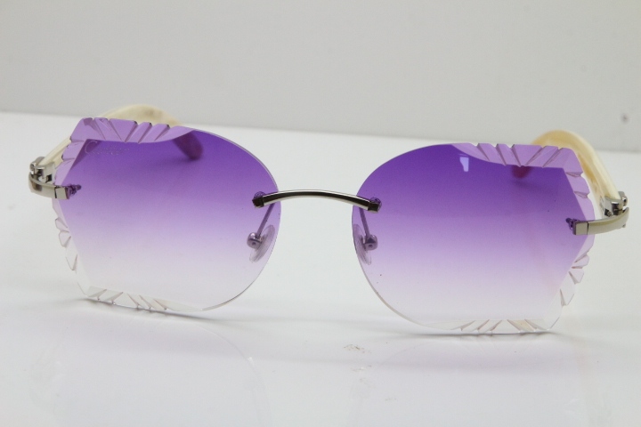 Cartier Rimless Carved Lens Original White Genuine Natural 8200762A Sunglasses in Silver Purple Lens New