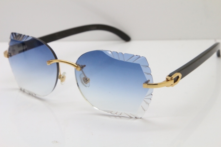 Cartier Rimless Carved Lens Original Black Buffalo Horn 8200762A Sunglasses in Gold Blue Lens New