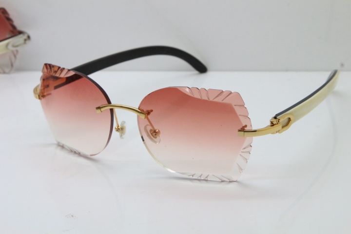 Cartier Rimless Carved Lens Original White Inside Black Buffalo Horn 8200762A Sunglasses in Silver Pink Lens New