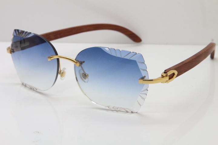 Cartier Rimless Carved Lens Original Wood 8200762A Sunglasses in Gold Blue Lens New