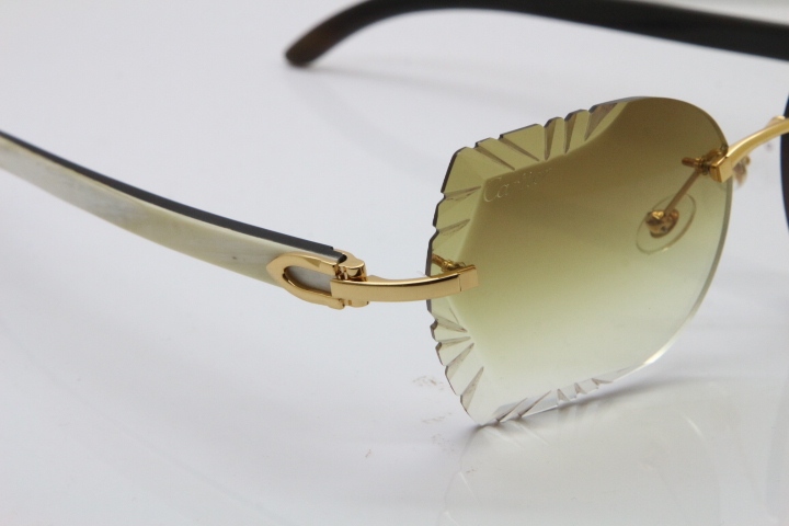 Cartier Rimless Carved Lens Original White Inside Black Buffalo Horn 8200762A Sunglasses in Gold Brown Lens New