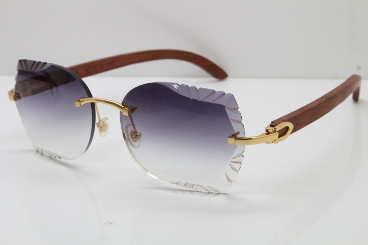 Cartier Rimless Carved Lens Original Wood 8200762A Sunglasses in Gold Gray Lens New