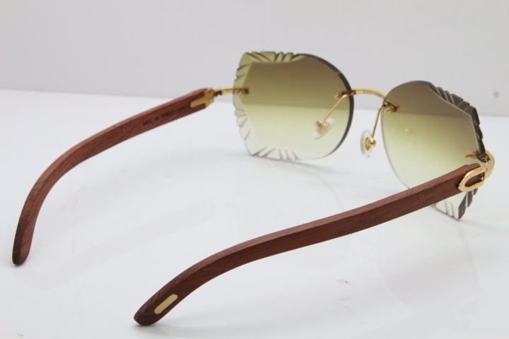 Cartier Rimless Carved Lens Original Wood 8200762A Sunglasses in Gold Brown Lens New