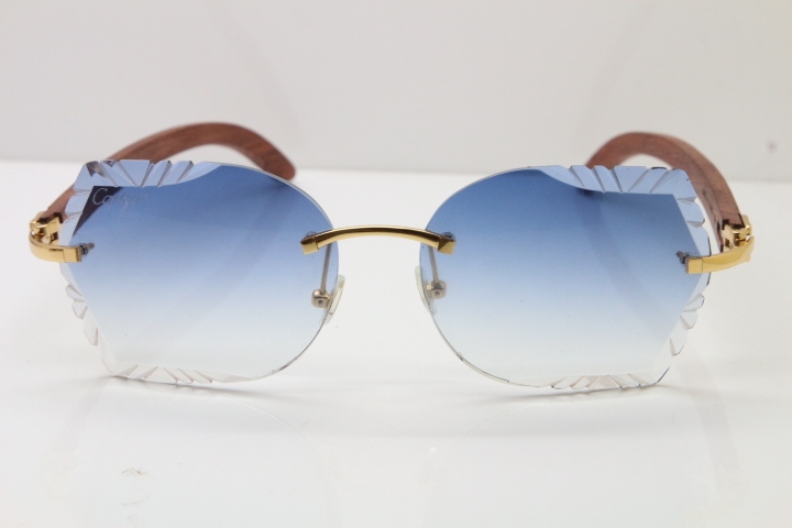 Cartier Rimless Carved Lens Original Wood 8200762A Sunglasses in Gold Blue Lens New