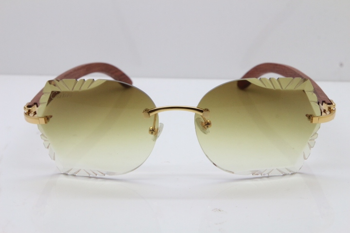 Cartier Rimless Carved Lens Original Wood 8200762A Sunglasses in Gold Brown Lens New
