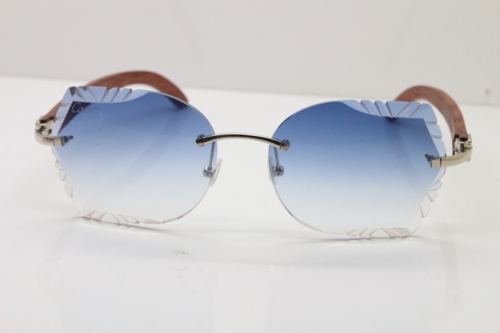 Cartier Rimless Carved Lens Original Wood 8200762A Sunglasses in Gold Blue Lens New