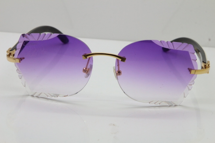 Cartier Rimless Carved Lens Original White Inside Black Buffalo Horn 8200762A Sunglasses in Silver Purple Lens New