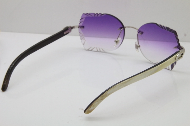 Cartier Rimless Carved Lens Original White Inside Black Buffalo Horn 8200762A Sunglasses in Silver Purple Lens New