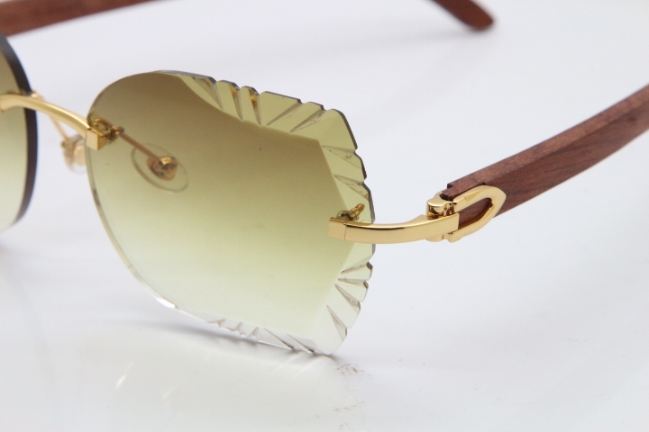 Cartier Rimless Carved Lens Original Wood 8200762A Sunglasses in Gold Brown Lens New