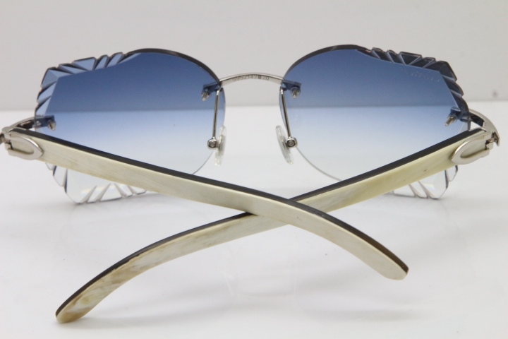 Cartier Rimless Carved Lens Original White Inside Black Buffalo Horn 8200762A Sunglasses in Gold Blue Lens New