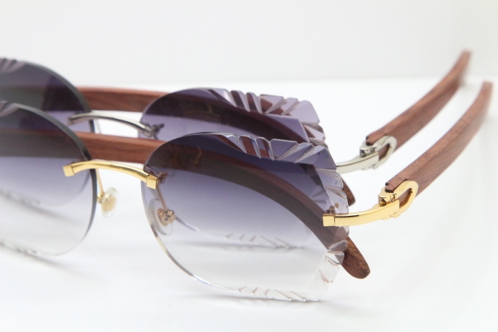 Cartier Rimless Carved Lens Original Wood 8200762A Sunglasses in Gold Gray Lens New