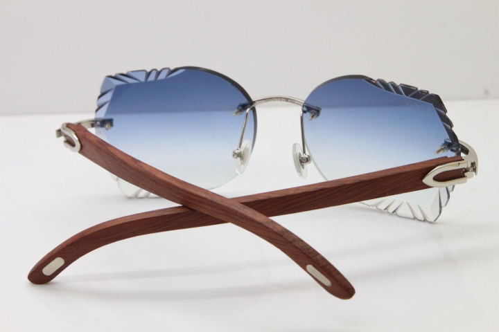 Cartier Rimless Carved Lens Original Wood 8200762A Sunglasses in Gold Blue Lens New