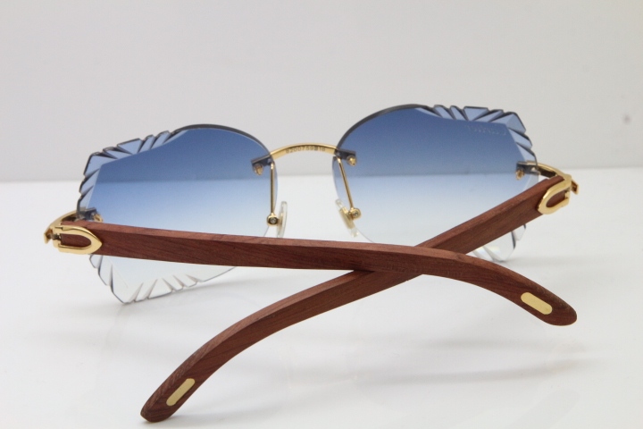 Cartier Rimless Carved Lens Original Wood 8200762A Sunglasses in Gold Blue Lens New