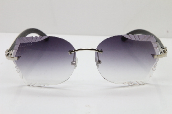 Cartier Rimless Carved Lens Original White Inside Black Buffalo Horn 8200762A Sunglasses in Silver Gray Lens New